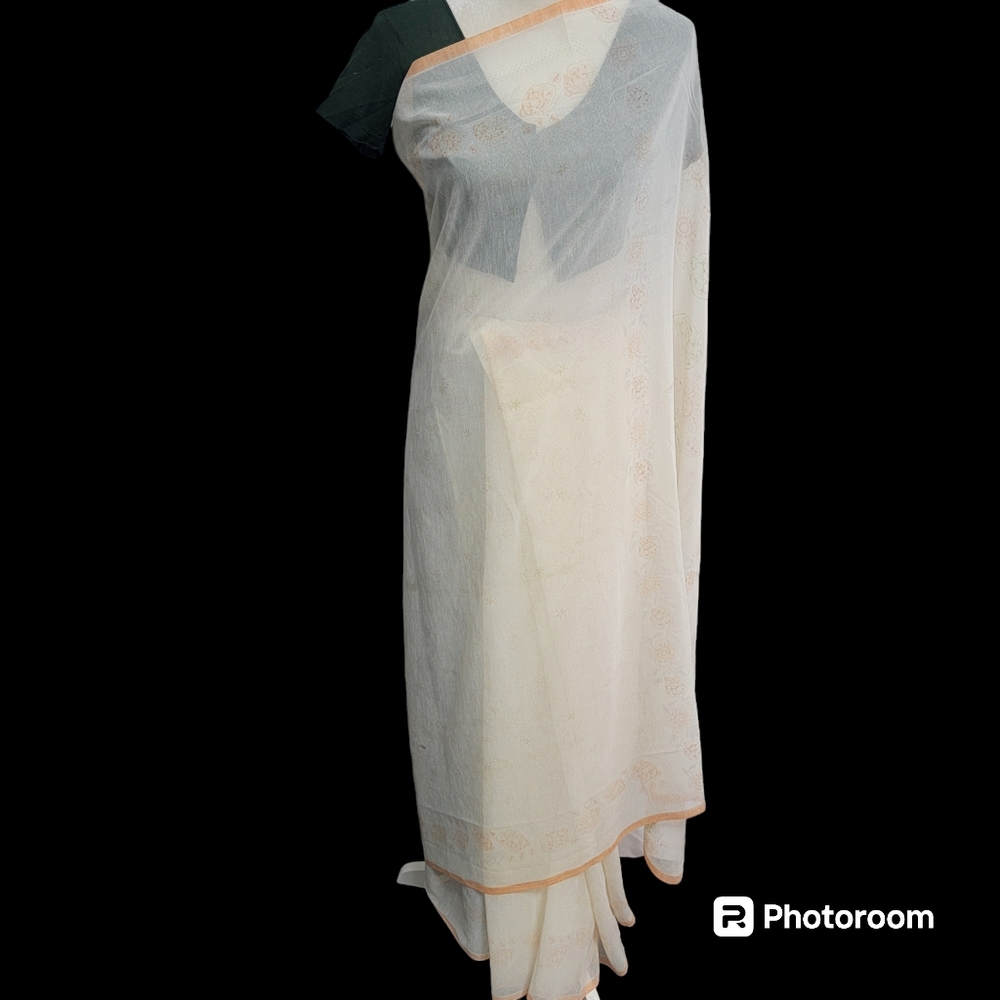 White, peach/brown, green saree/sari for party